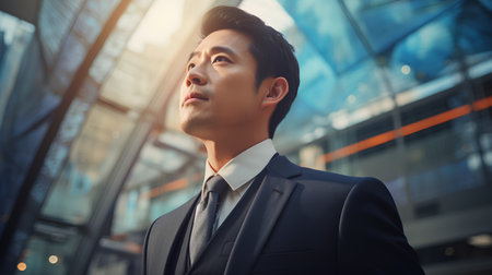 Portrait of a handsome asian businessman in suit outdoors. Business and success concept.の素材