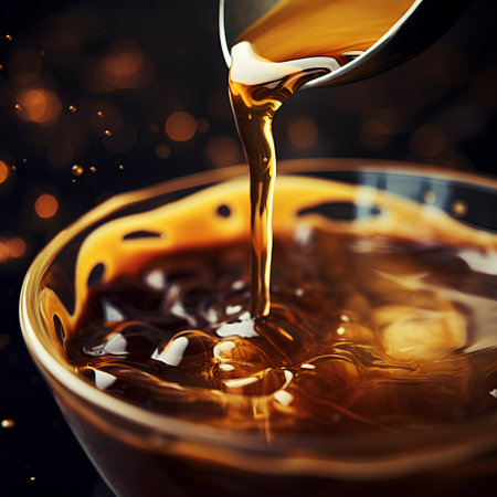 Coffee pouring from a spoon into a glass cup on a dark backgroundの素材