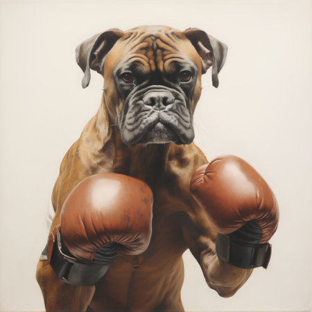 boxer dog with boxing gloves on white background. Studio shot.の素材