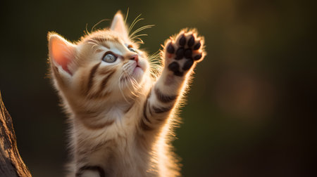Cute little kitten sitting on a tree and raising his paw upの素材