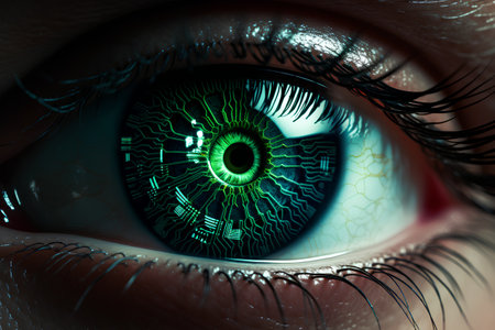 Close-up of human eye with digital circuit. 3d renderingの素材