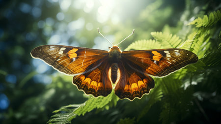 Beautiful butterfly sitting on the green leaves in the summer forest.の素材