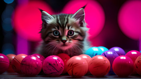 Cute siberian kitten with colorful Easter eggs on black background.の素材