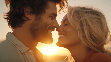 Happy young couple looking at each other and smiling on the sunset backgroundの素材