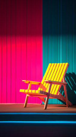 Wooden deck chair on a background of pink and blue stripes.の素材