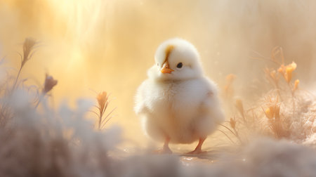 Little yellow chick on a background of grass and flowers in the springの素材