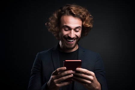 Portrait of a handsome young man laughing while using a mobile phone on a dark backgroundの素材