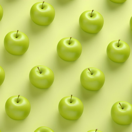 Seamless pattern with green apples on yellow background. Top viewの素材