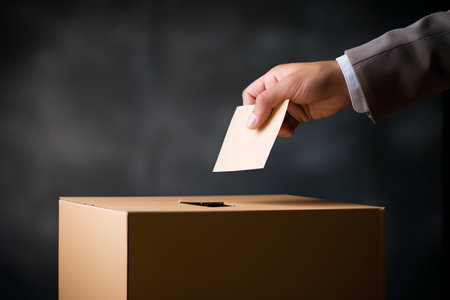 Close up of male hand putting voting card into ballot box. Election concept.の素材