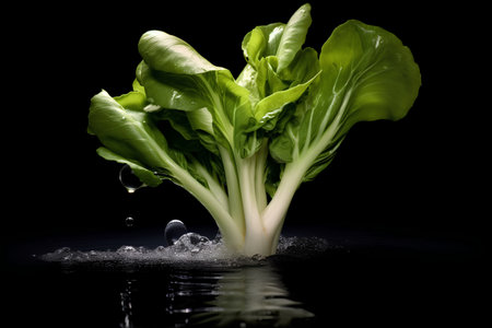Fresh green bok choy on a black background with water dropsの素材