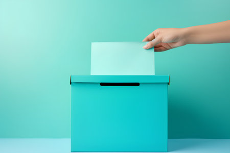 Female hand putting a paper in a blue box on a green backgroundの素材