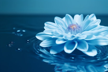 Blue flower on the water with ripples and drops of water.の素材