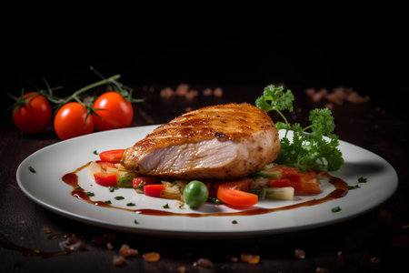 Grilled chicken fillet with vegetables on a white plate on a dark backgroundの素材