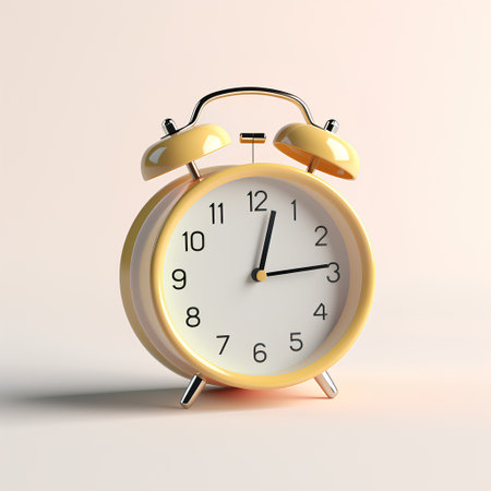 3d rendering of golden alarm clock on white background with shadow.の素材