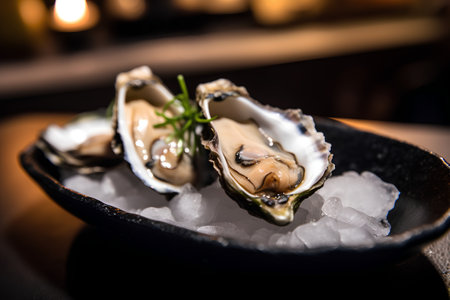 Fresh oysters on ice in a restaurant. Selective focus. Toned.の素材