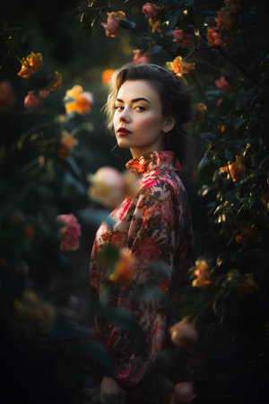 Portrait of a beautiful girl in a blooming garden. Beauty, fashion.の素材