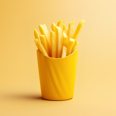 Golden French fries in yellow paper cup isolated on yellow background. 3d renderの素材