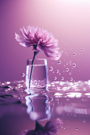 Pink chrysanthemum in a glass with water drops on a purple backgroundの素材