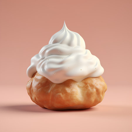 Cream puff with whipped cream on pink background. 3d illustrationの素材