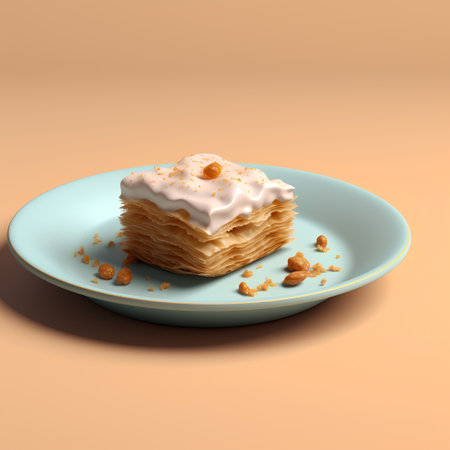 Crepes with whipped cream on a blue plate 3d renderの素材