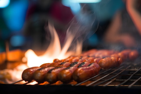Grilled sausages on a barbecue grill. Selective focusの素材