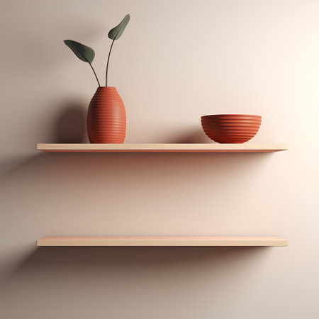 Wooden shelf with vase and plant. 3d illustration.の素材