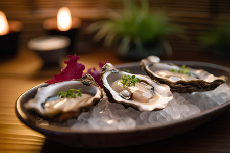 Oysters in a bowl on a wooden table in a restaurantの素材