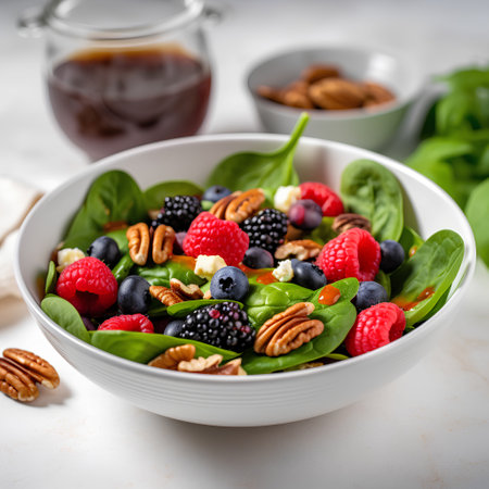 Healthy salad with fresh berries, spinach, blueberries, raspberries, blackberries and walnuts in a bowl on a light background. Selective focus.の素材