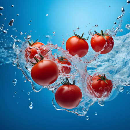 Fresh tomatoes in water splash on blue background. 3d rendering.の素材