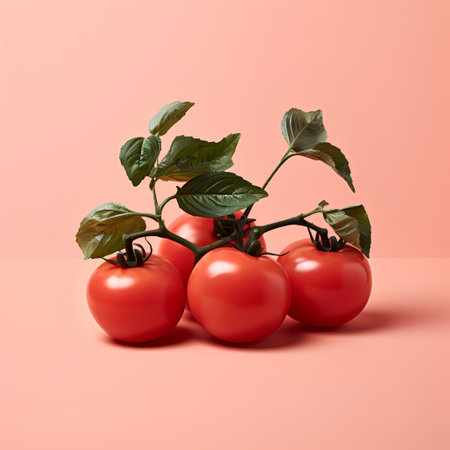 Ripe red tomatoes with green leaves on a branch on a pink backgroundの素材