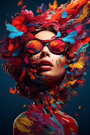 Fashion portrait of beautiful young woman with flying butterflies. Vector illustration.の素材