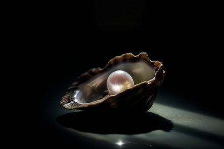 Pearl in the oyster shell on a black background with lightの素材