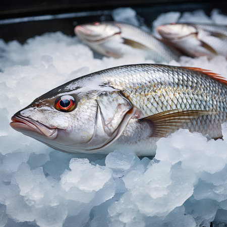 Fresh fish on ice in the market. Seafood. Healthy food.の素材