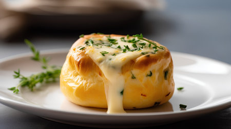 Cheese buns stuffed with cheese and herbs on a white plate.の素材