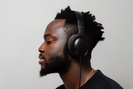 Young african american man listening to music with headphones, side viewの素材