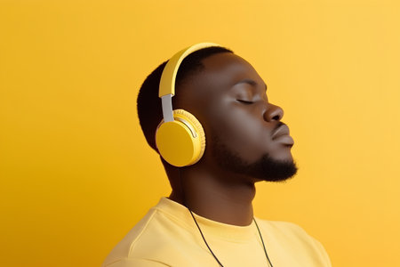 Young african american man listening to music on headphones over yellow backgroundの素材