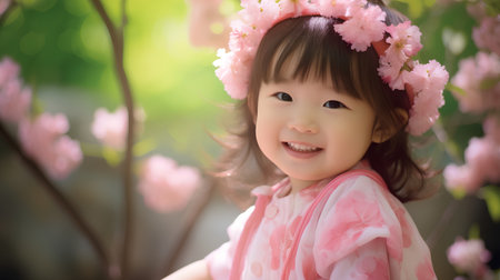 Cute asian little girl in pink dress with sakura flowerの素材