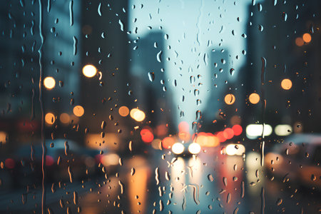 Rain drops on glass with blurred city lights background. Rainy day.の素材