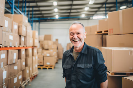 Portrait of smiling mature man working in warehouse. This is a freight transportation and distribution warehouse. Industrial and industrial workers conceptの素材