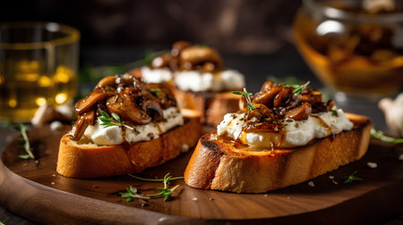 Bruschetta with mushrooms, cheese and herbs on cutting boardの素材