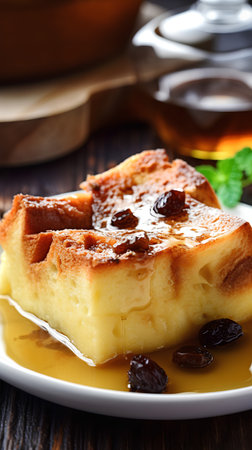 Cheesecake with raisins and honey on a wooden tableの素材