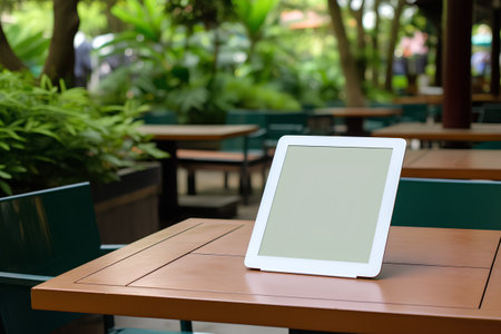 Tablet pc with blank screen on wooden table in coffee shop backgroundの素材
