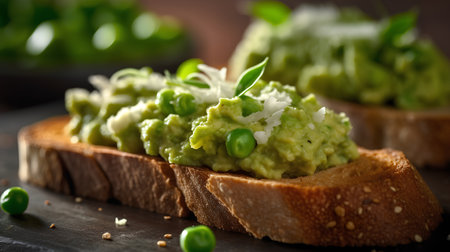 Sandwich with guacamole and green peas on wooden backgroundの素材