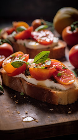 Bruschetta with tomatoes, mozzarella cheese and basil on wooden backgroundの素材