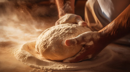 Man kneading dough on table in bakery. Close up.の素材