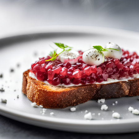 Bread with pomegranate and mozzarella on a plateの素材