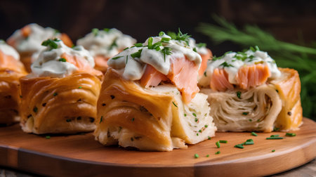 Salmon rolls with cream cheese and herbs on a wooden board.の素材