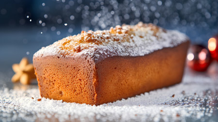 christmas cake with icing sugar on a table, christmas backgroundの素材