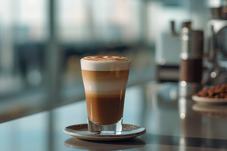 Cappuccino in a glass on a table in a cafeの素材
