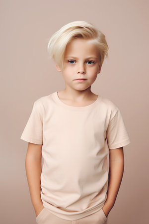 Portrait of a cute little blond boy in a beige T-shirt.の素材